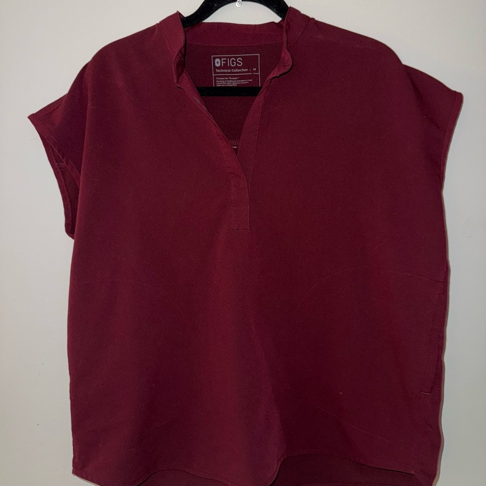 Figs Red Boxy Cap Sleeve Blouse with Mandarin Collar